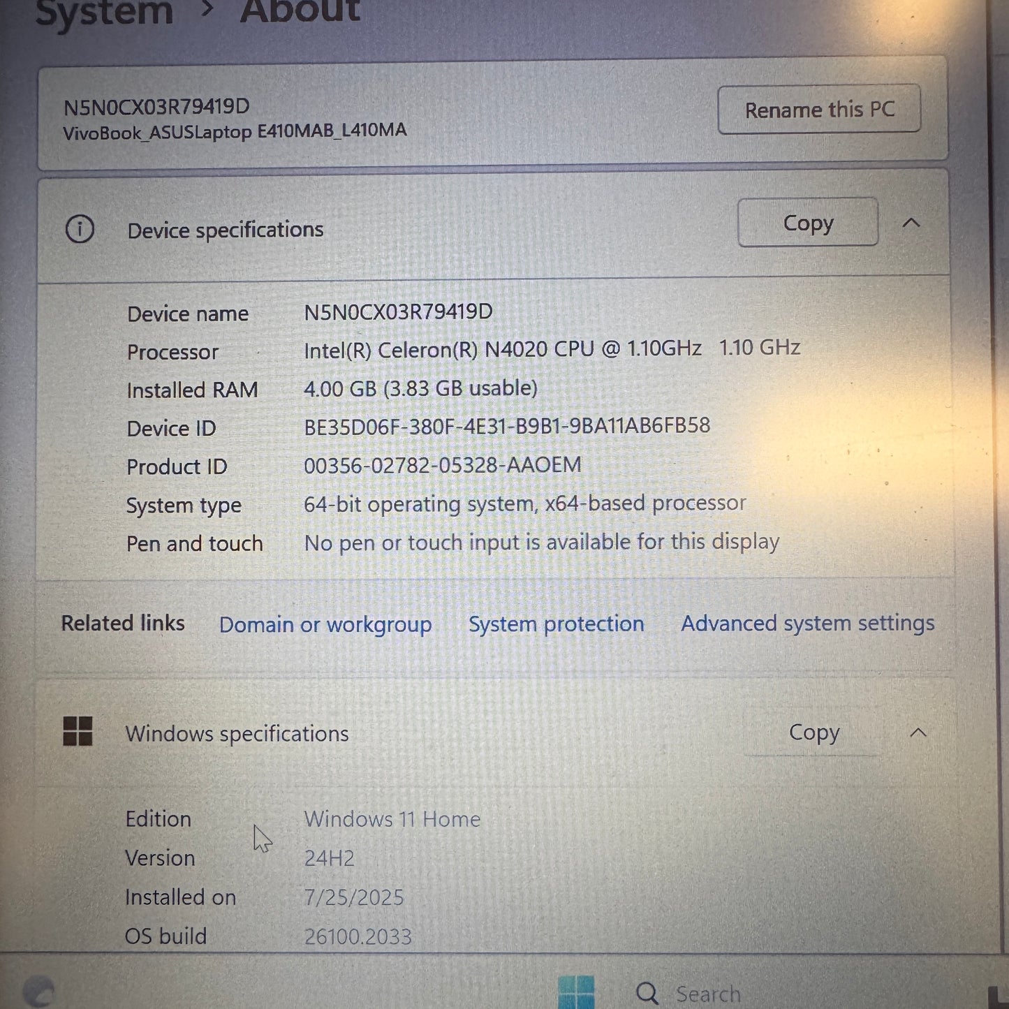 Asus Vivobook Go 14 L410M Celeron N4020 4GB RAM 64GB SSD Bad Battery