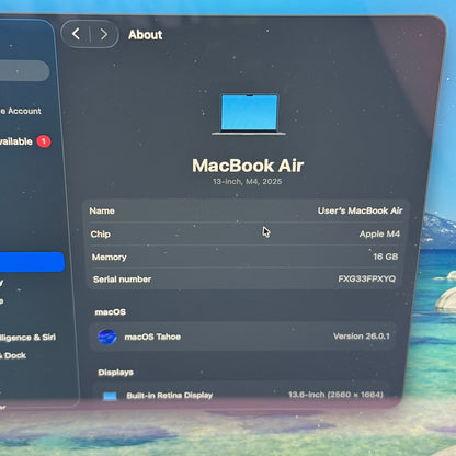 2025 Apple MacBook Air 13.6" M4 10C GPU 4.5GHz 16GB RAM 256GB SSD MW123LL/A