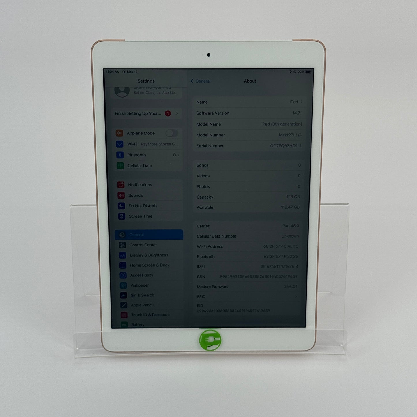 Unlocked Apple iPad 8th Gen 128GB 16.7.11 Gold MLYJ2LL/A