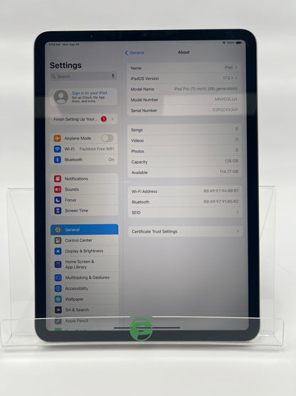 WiFi Only Apple iPad Pro 11" 4th Gen 128 GB Space Gray MNXD3LL/A